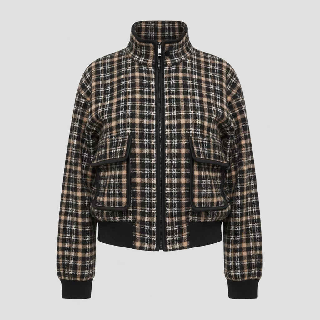 Blouson court à carreaux noir et camel