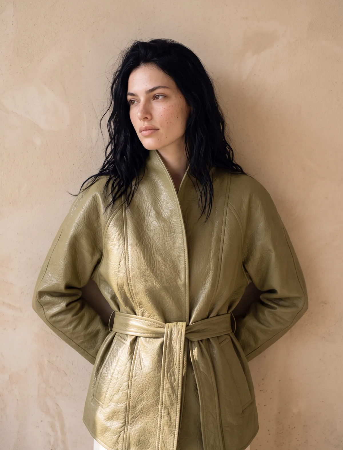 Veste kimono ceinturée en simili cuir grainé