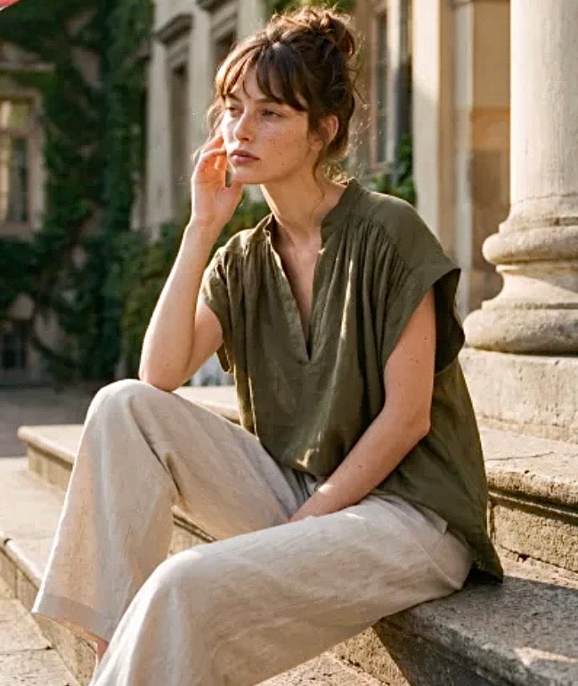 Blouse ample en voile de coton à col tunisien
